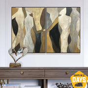 Large Figurative Painting Canvas Gold Leaf Artwork Diptych Wall Art Abstract Shapes Painting Human Silhouette Art for Home Decor | SOUL REFLECTION 2P 46"x68"