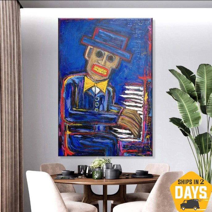 Figurative Art Abstract Paintings On Canvas Painting On The Piano Men Blue Wall Art Painting Modern Wall Art Neo-Expressionism Unique Painting | PIANO NOCTURNE 60"x40" - Trend Gallery Art | Original Abstract Paintings