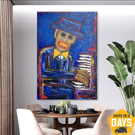 Figurative Art Abstract Paintings On Canvas Painting On The Piano Men Blue Wall Art Painting Modern Wall Art Neo-Expressionism Unique Painting | PIANO NOCTURNE 60