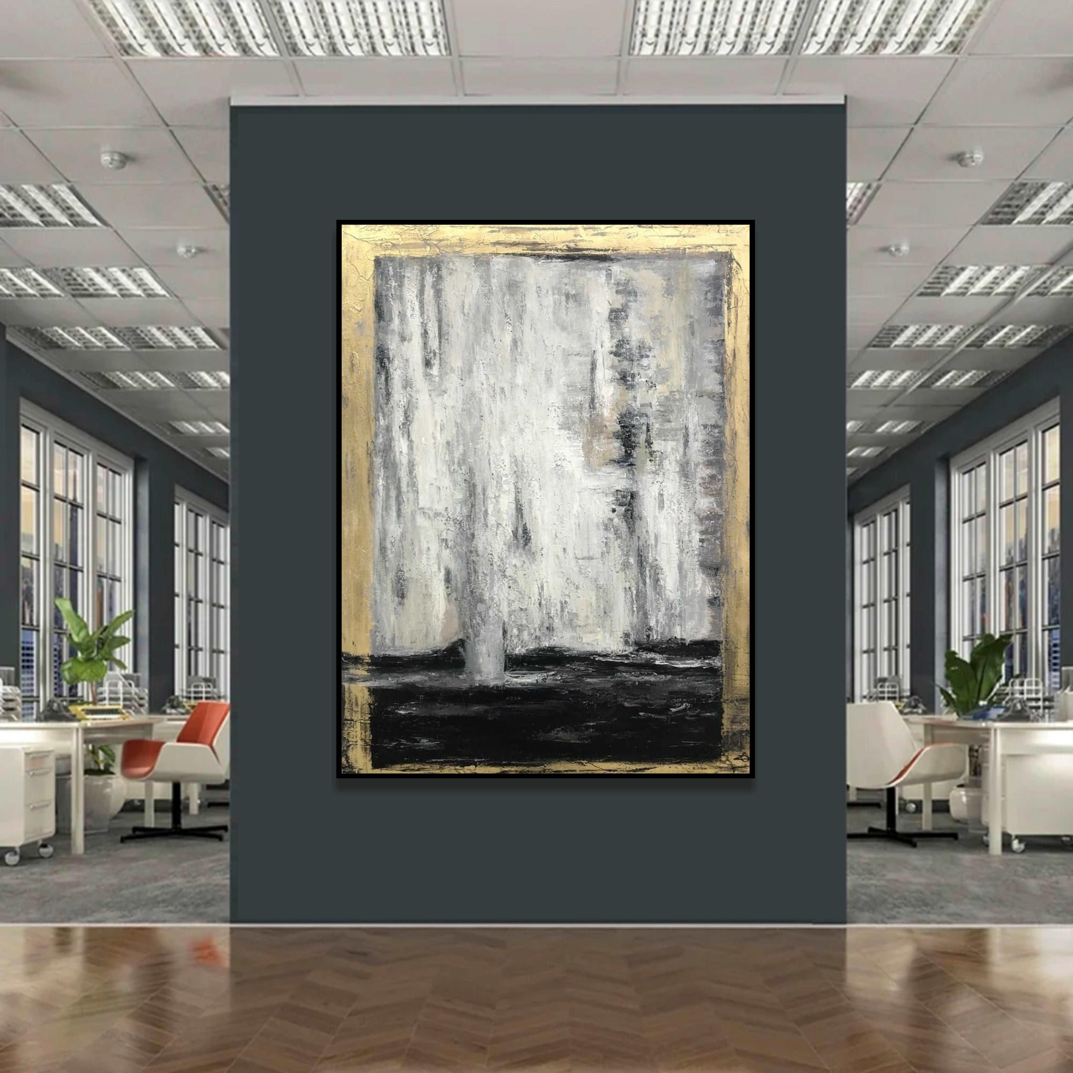 Gold Leaf Contour Painting Large Gold Leaf Artwork Gray Painting Decor Golden Art Oversized Paintings on Canvas Rich Texture Artwork | ANCIENT CLARITY - Trend Gallery Art | Original Abstract Paintings