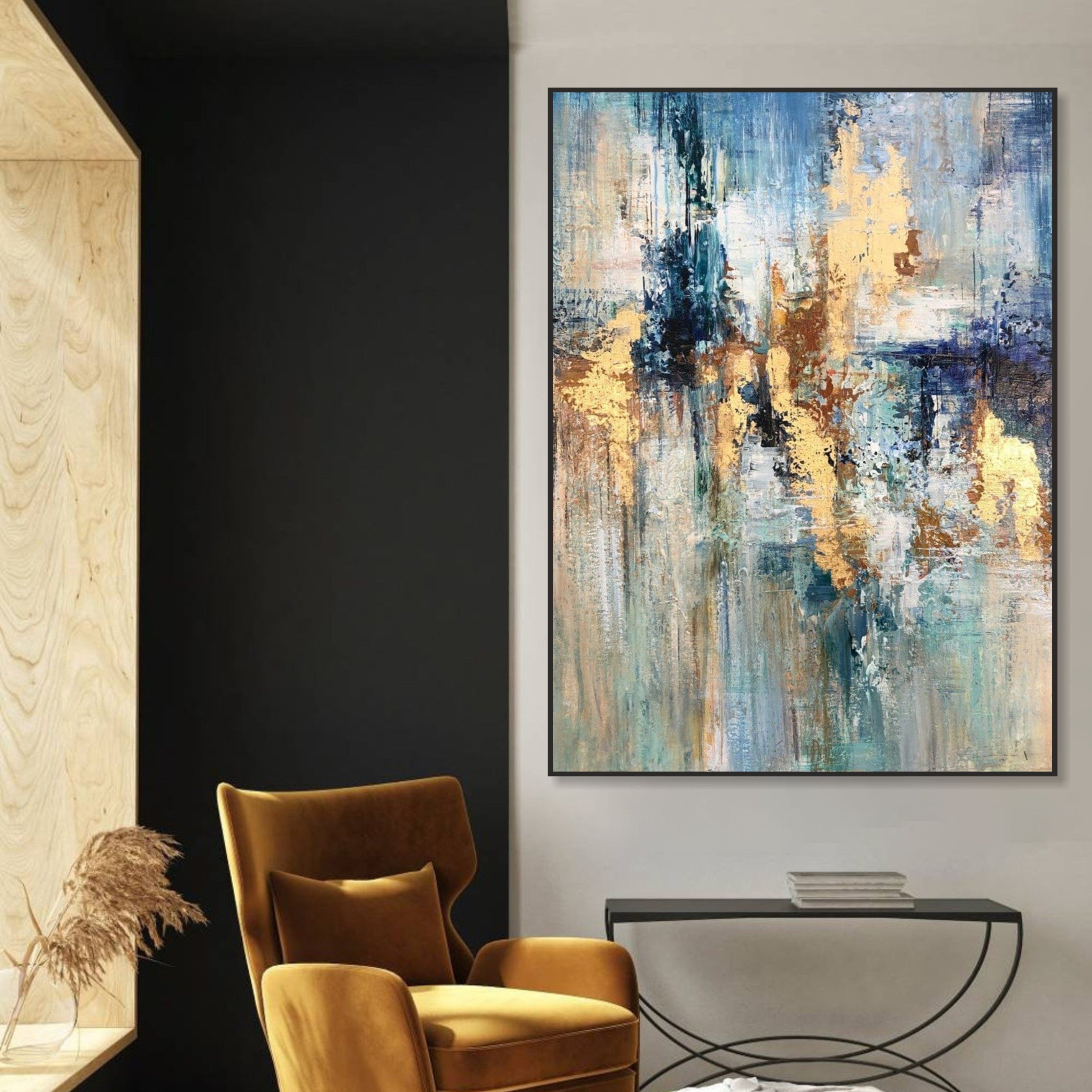 Abstract Oil Painting Canvas Gold Leaf Wall Art Blue Artwork Textured Oil Art Contemporary Wall Art Luxury Painting | SUN OVER THE RIVER - Trend Gallery Art | Original Abstract Paintings