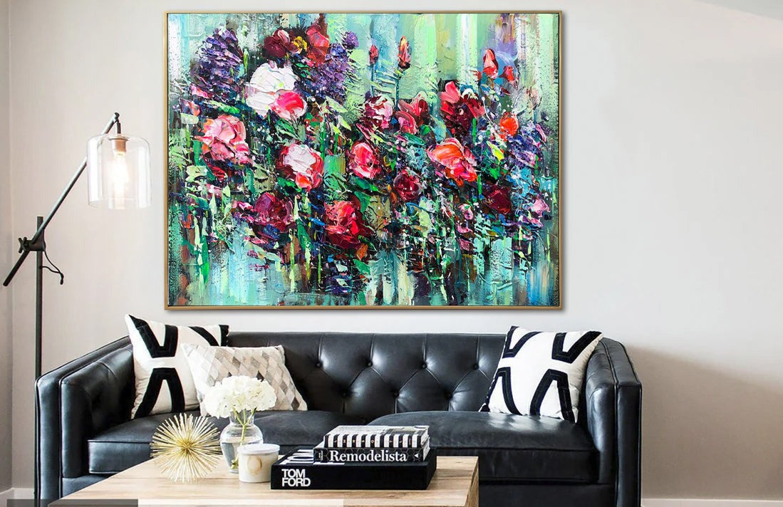 Extra Red Flowers Paintings On Canvas Green Artwork Green Modern Flowers Canvas Painting Oil Painting Modern Wall Decor | SUMMER FIELD 23.6"x31.5" - Trend Gallery Art | Original Abstract Paintings