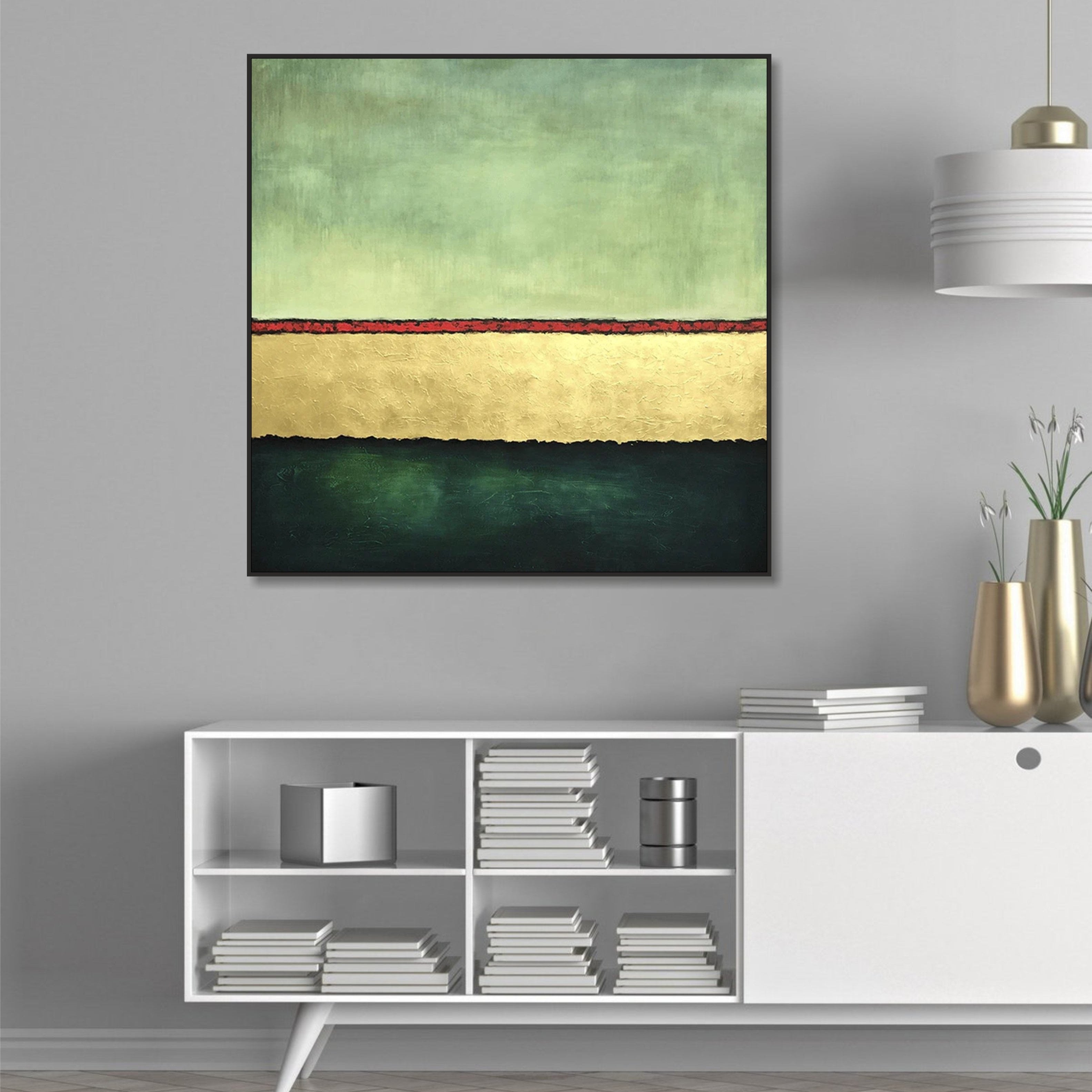 Green Abstract Modern Paintings On Canvas Gold Simple Minimal Wall Art Original Oil Fine Art for Hotel Interior | LAYERS OF FORTUNE - Trend Gallery Art | Original Abstract Paintings