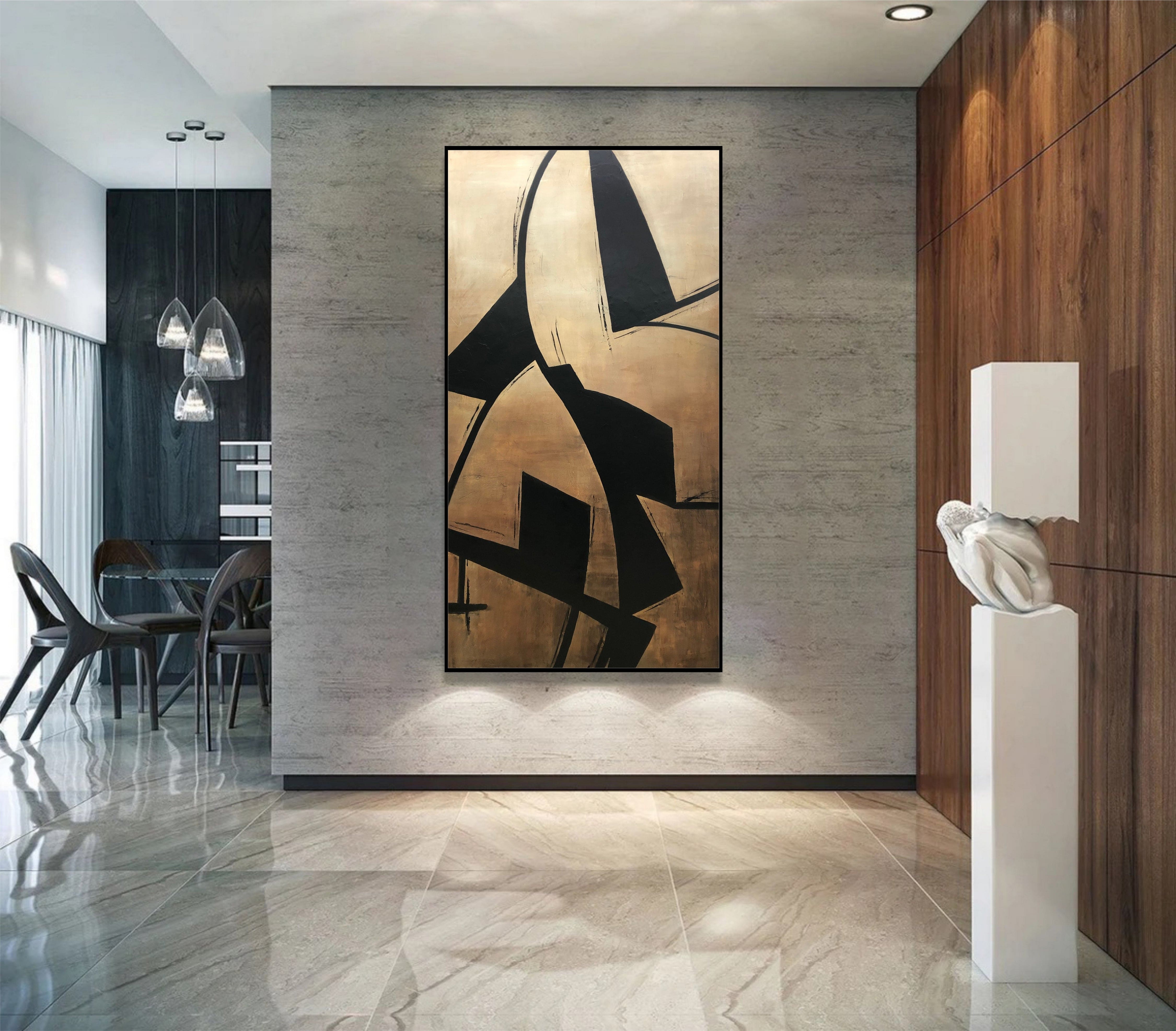 Original Black and Beige Acrylic Painting Abstract Figures Wall Art Modern Artwork Decor | LUXURY SHAPES 72"x42" - Trend Gallery Art | Original Abstract Paintings