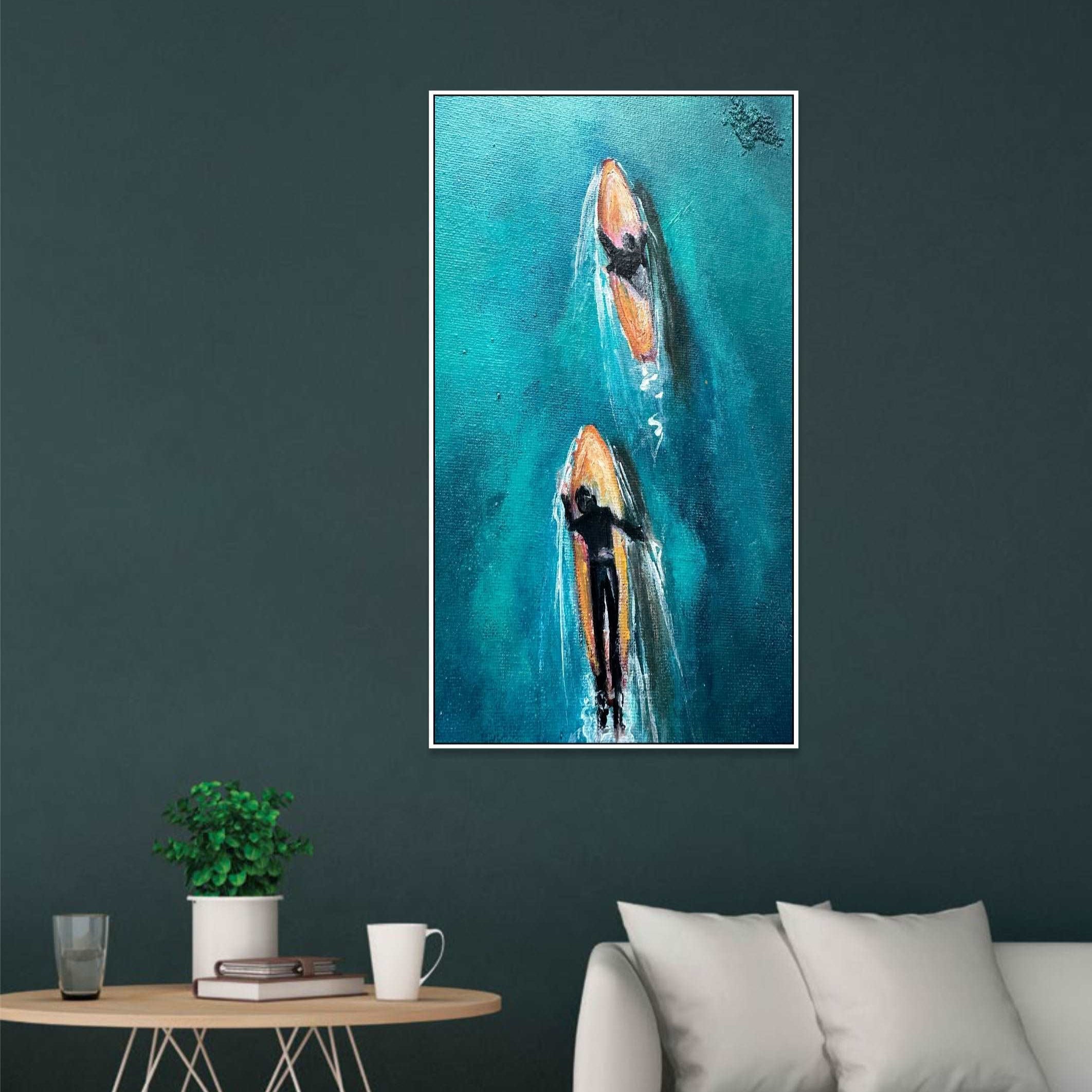 Abstract Surfing Journey Art Water Sports Painting On Canvas Aqua Blue Color Impressionistic Art Ocean Adventure Home Decor | AQUA RYTHMS 31.5”x23.6" - Trend Gallery Art | Original Abstract Paintings