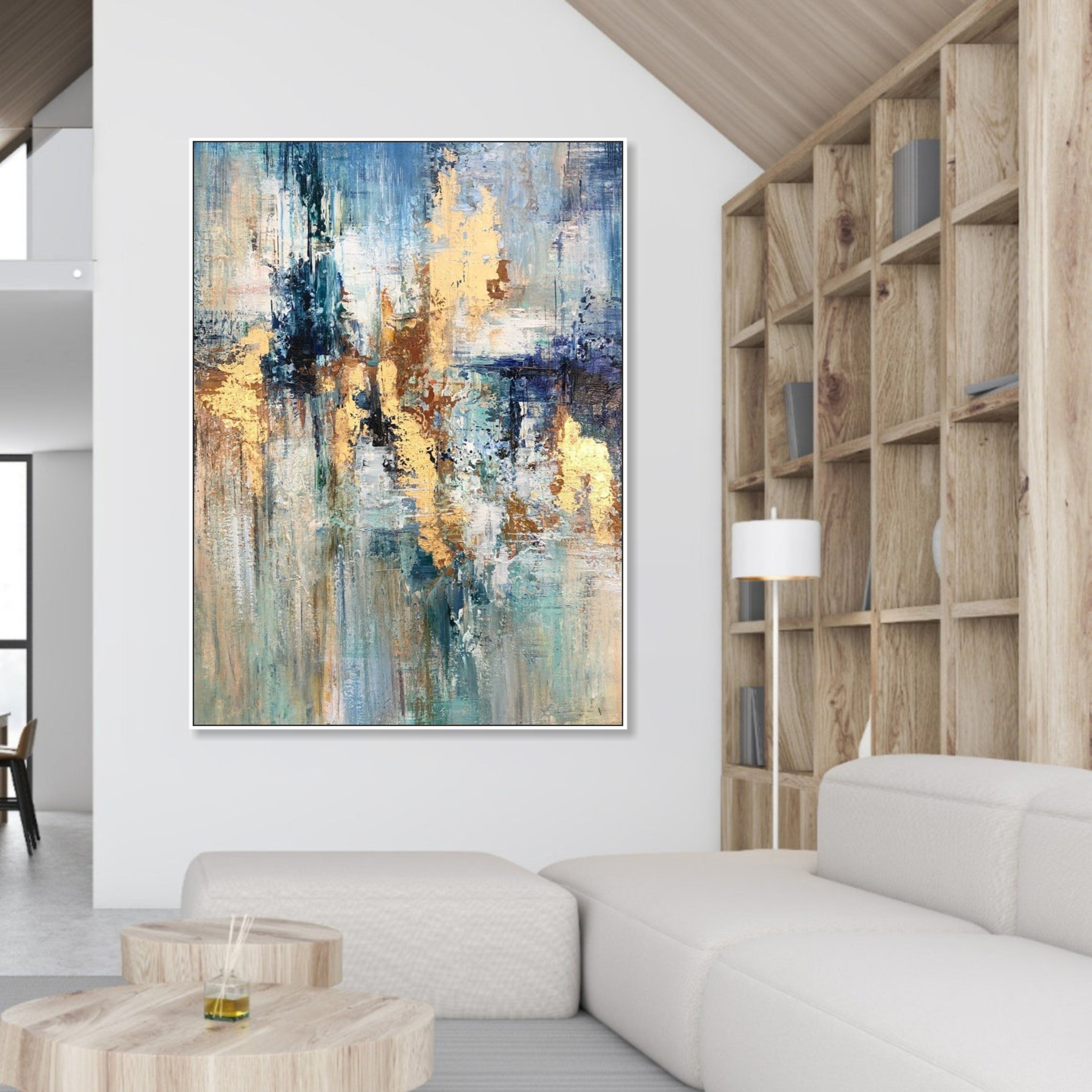 Abstract Oil Painting Canvas Gold Leaf Wall Art Blue Artwork Textured Oil Art Contemporary Wall Art Luxury Painting | SUN OVER THE RIVER - Trend Gallery Art | Original Abstract Paintings