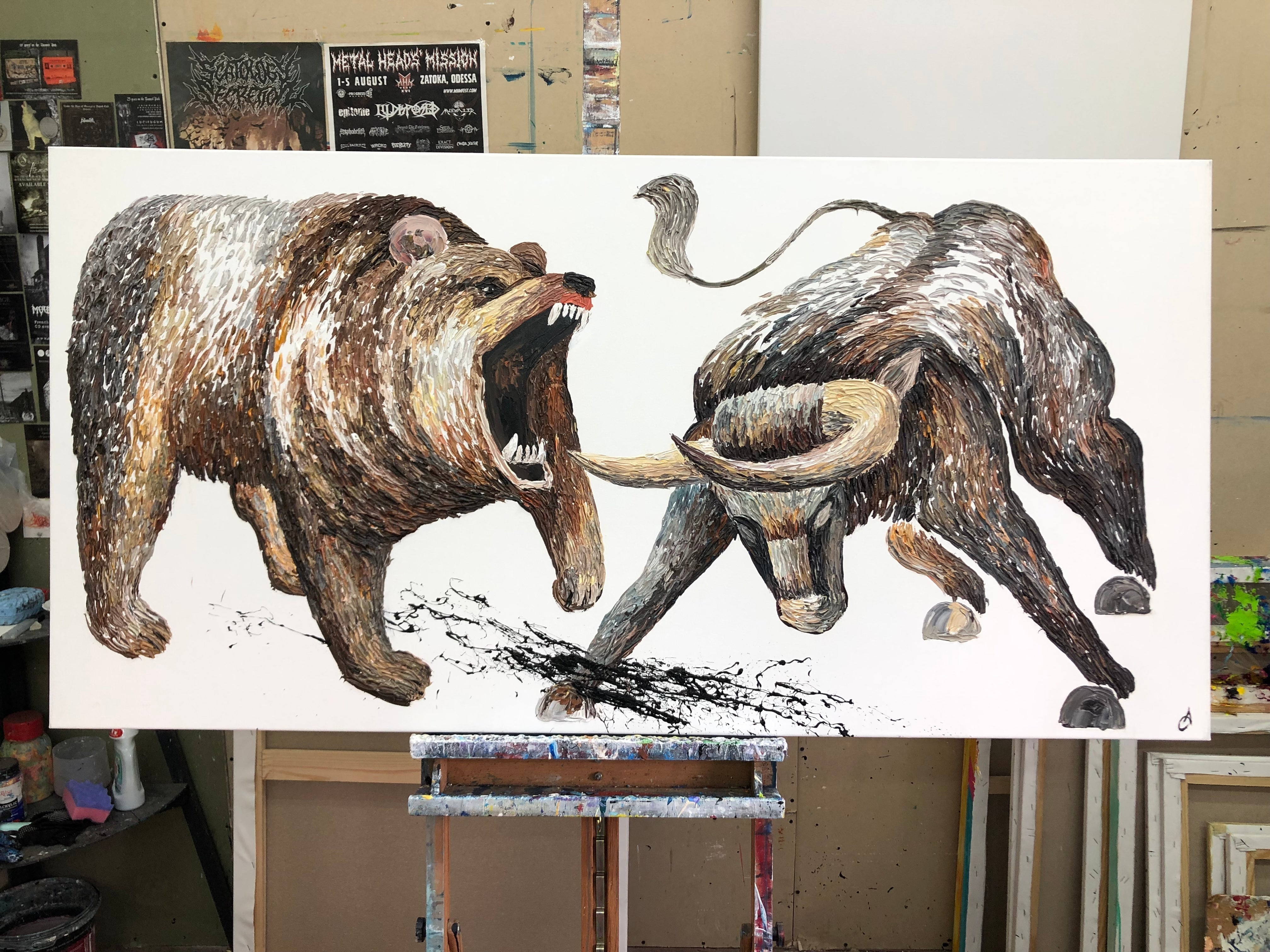 a painting of two bears fighting each other