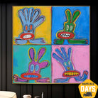 Abstract Colorful Expressionism Painting On Canvas Acrylic Pop Art in Blue,  Red and Yellow Colors Neo-Expressionism Painting Anthropomorphic Characters Wall Art | WILD RABBITS 46"x46" - Trend Gallery Art | Original Abstract Paintings