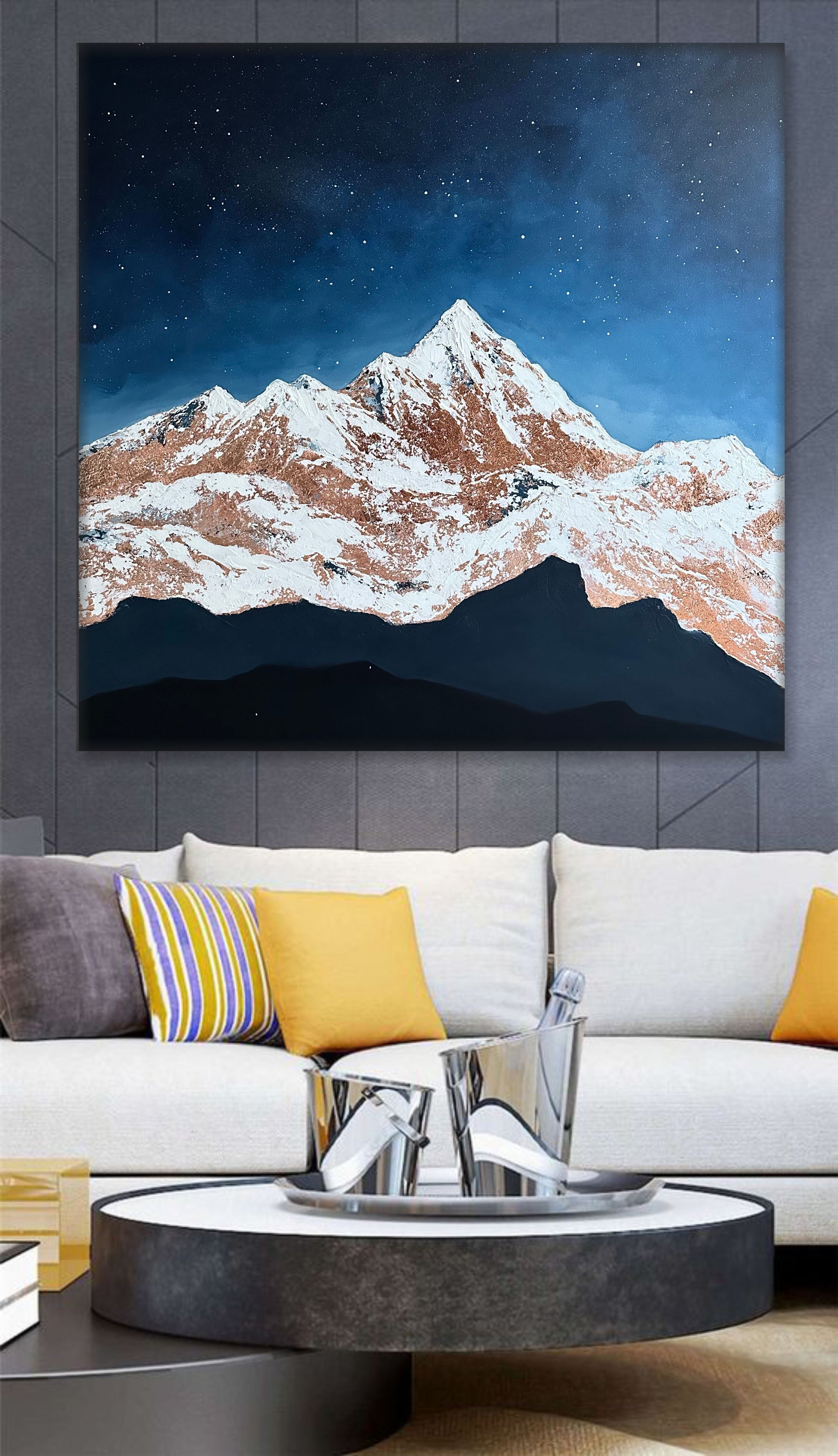 Abstract Landscape Paintings Mountains In Snow Paintings On Canvas Night Sky Wall Art Blue And White Palette Contemporary Art | STELLAR SUMMIT 47”x47" - Trend Gallery Art | Original Abstract Paintings