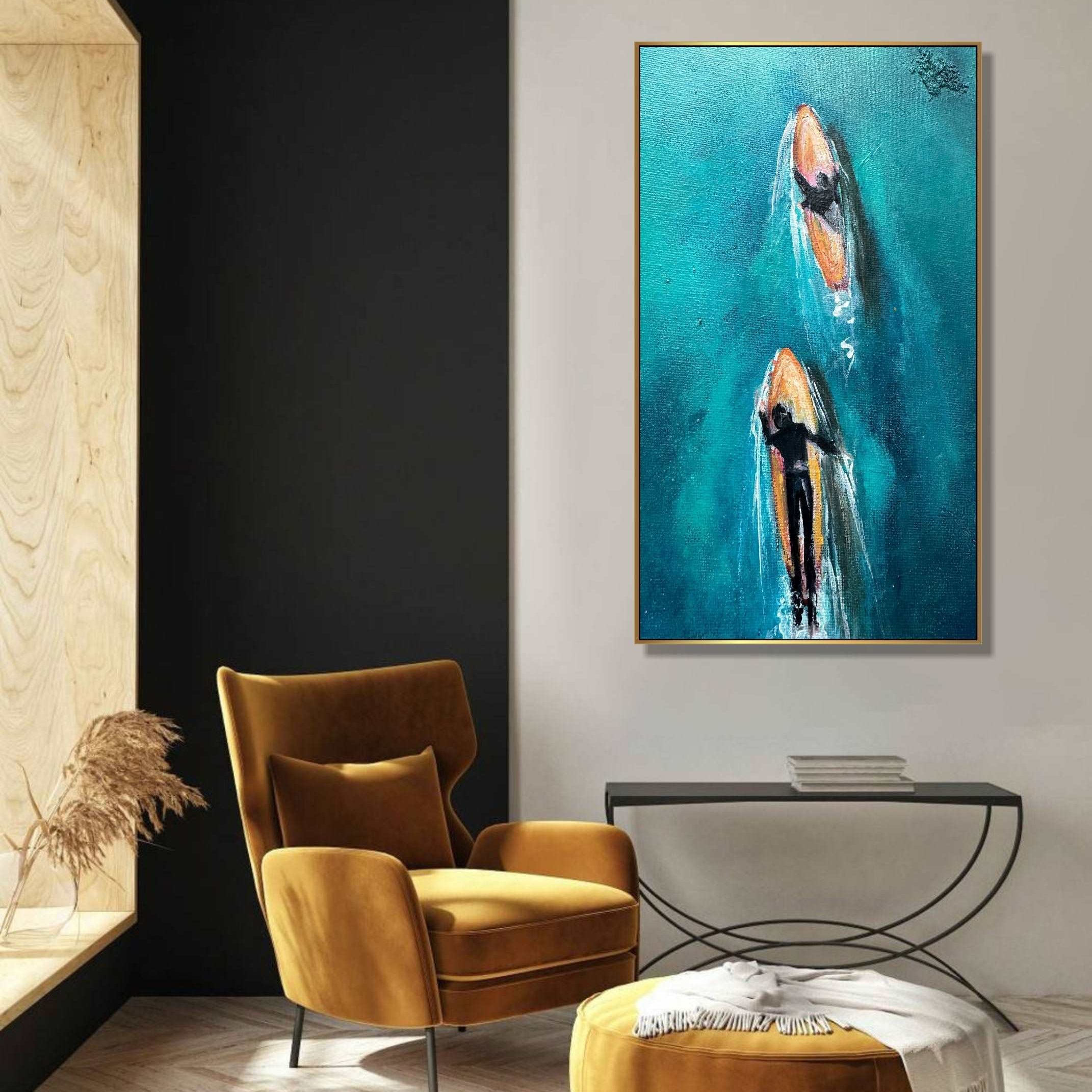 Abstract Surfing Journey Art Water Sports Painting On Canvas Aqua Blue Color Impressionistic Art Ocean Adventure Home Decor | AQUA RYTHMS 31.5”x23.6" - Trend Gallery Art | Original Abstract Paintings