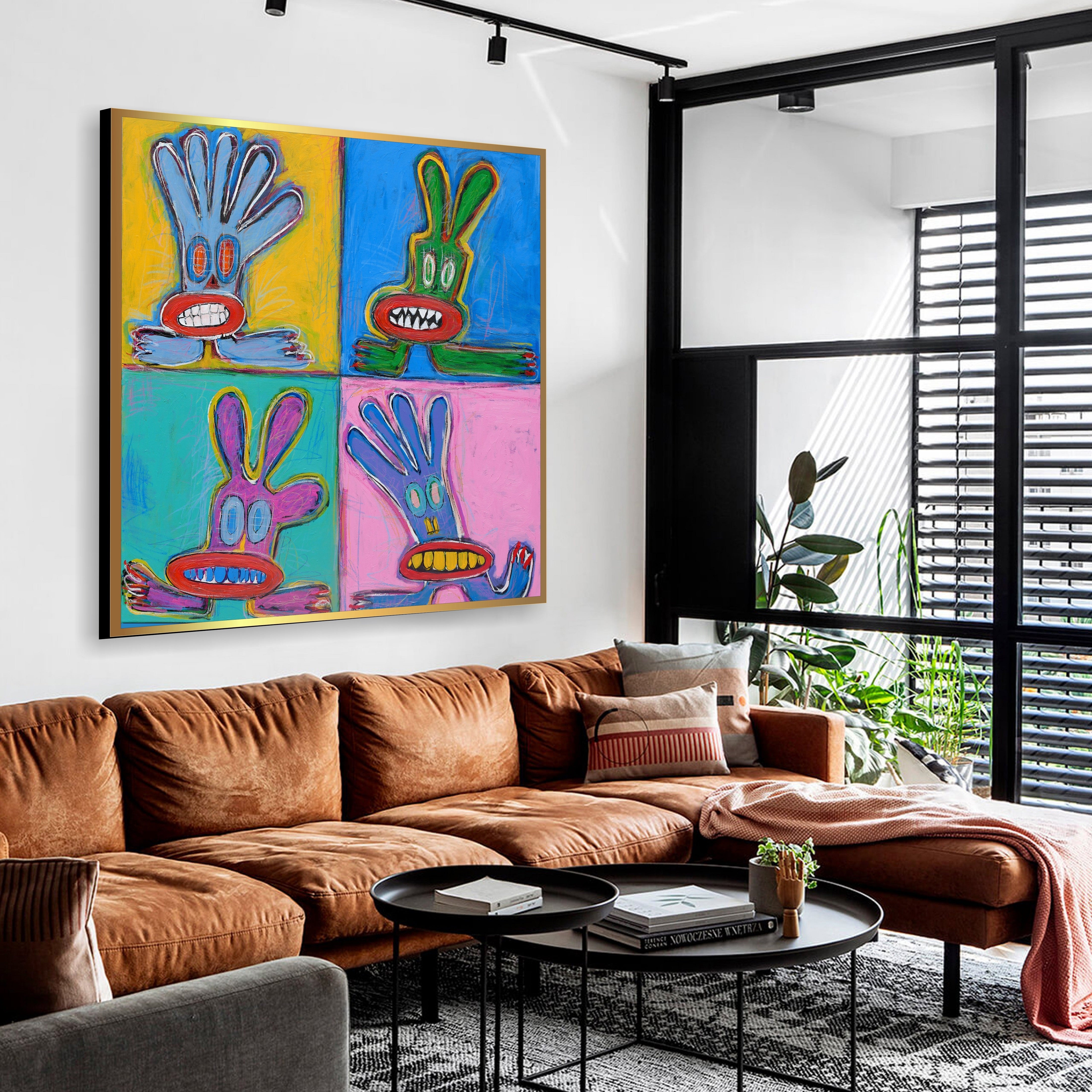 Abstract Colorful Expressionism Painting On Canvas Acrylic Pop Art in Blue, Red and Yellow Colors Neo-Expressionism Painting Anthropomorphic Characters Wall Art | WILD RABBITS 46"x46" - Trend Gallery Art | Original Abstract Paintings