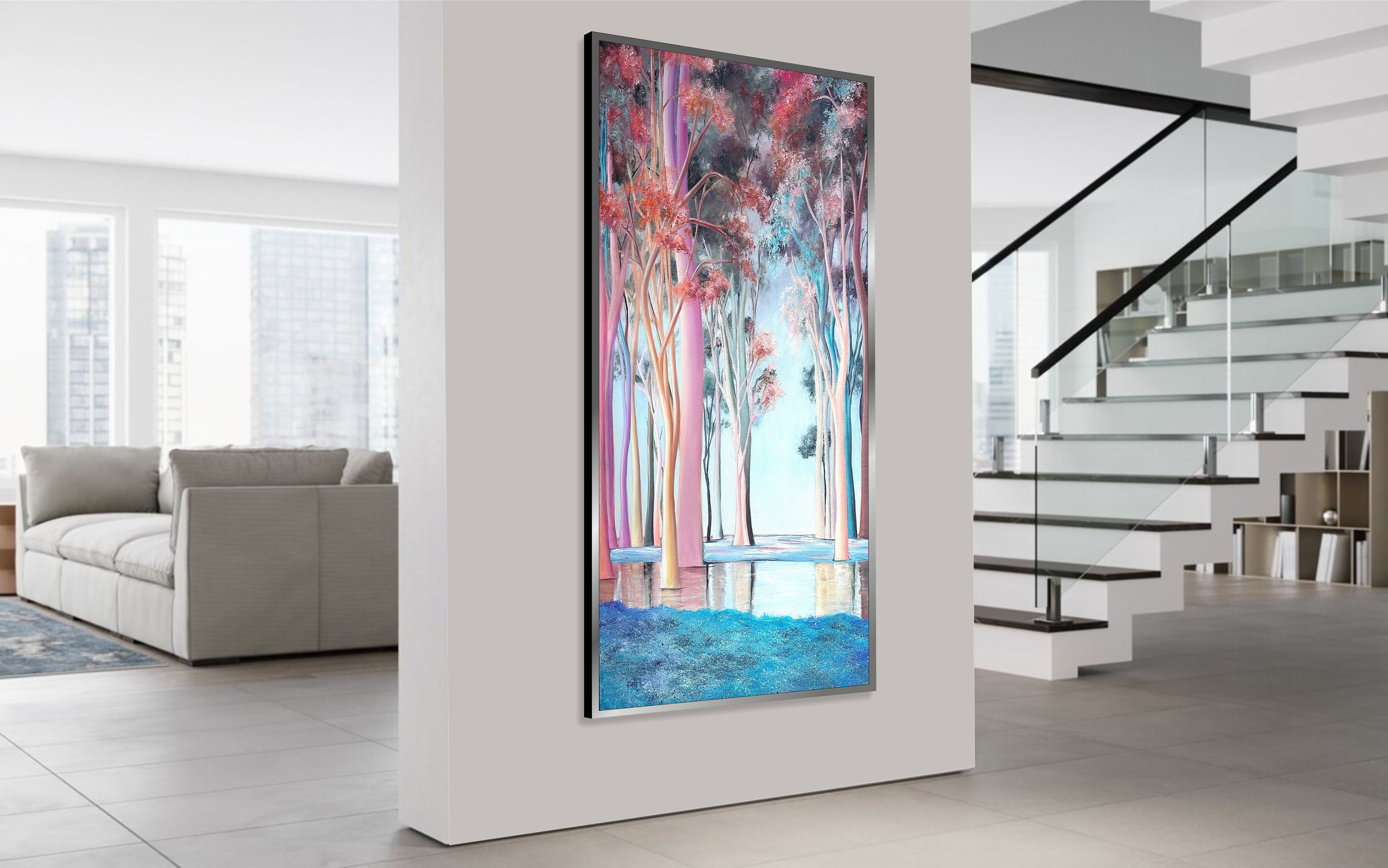 Abstract Fantasy Forest Painting Pastel Colors Water Reflection Ethereal Trees Art Enchanted Wall Art Modern Acrylic Luxury Art | MYSTIC FOREST 51"x31.5" - Trend Gallery Art | Original Abstract Paintings