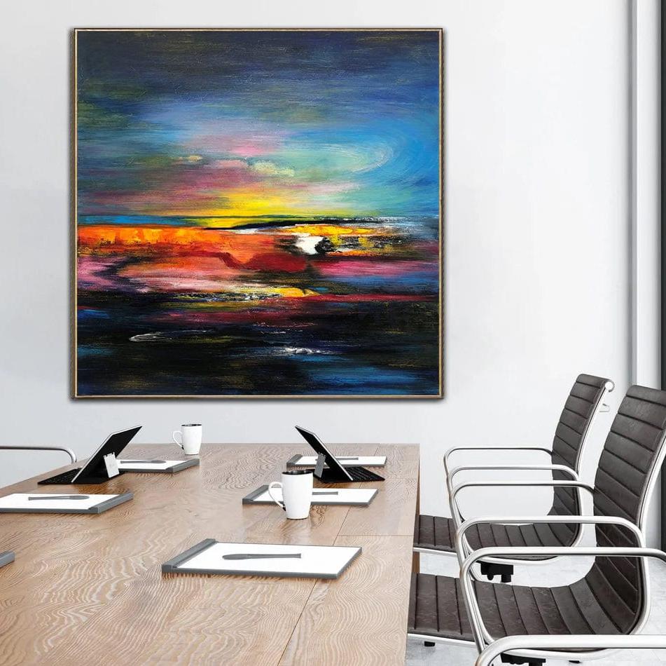 Colorful Abstract Sunset Painting in Deep Blue, Yellow and Red | COLORFUL SUNSET - Trend Gallery Art | Original Abstract Paintings