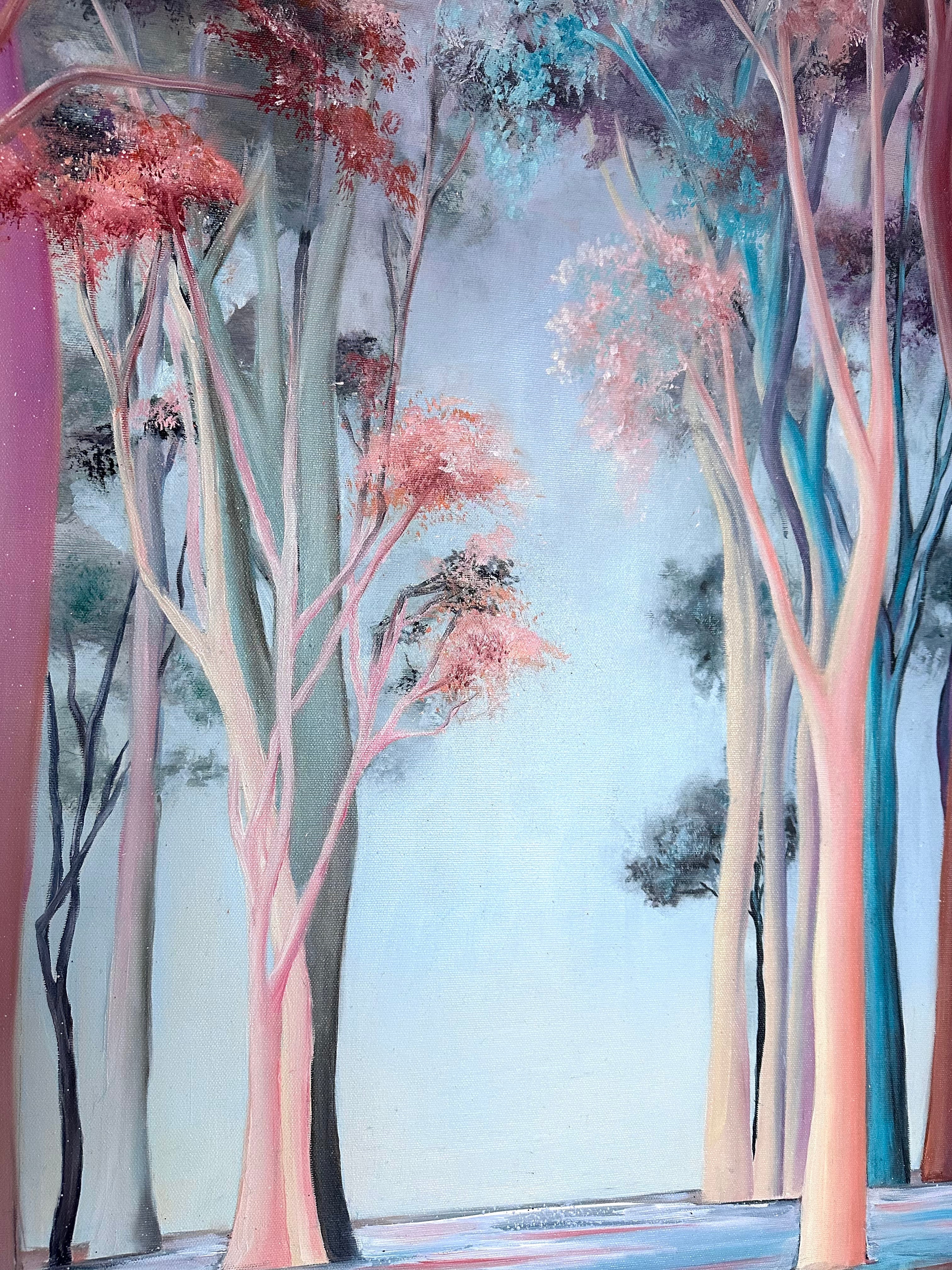 Abstract Fantasy Forest Painting Pastel Colors Water Reflection Ethereal Trees Art Enchanted Wall Art Modern Acrylic Luxury Art | MYSTIC FOREST 51"x31.5" - Trend Gallery Art | Original Abstract Paintings