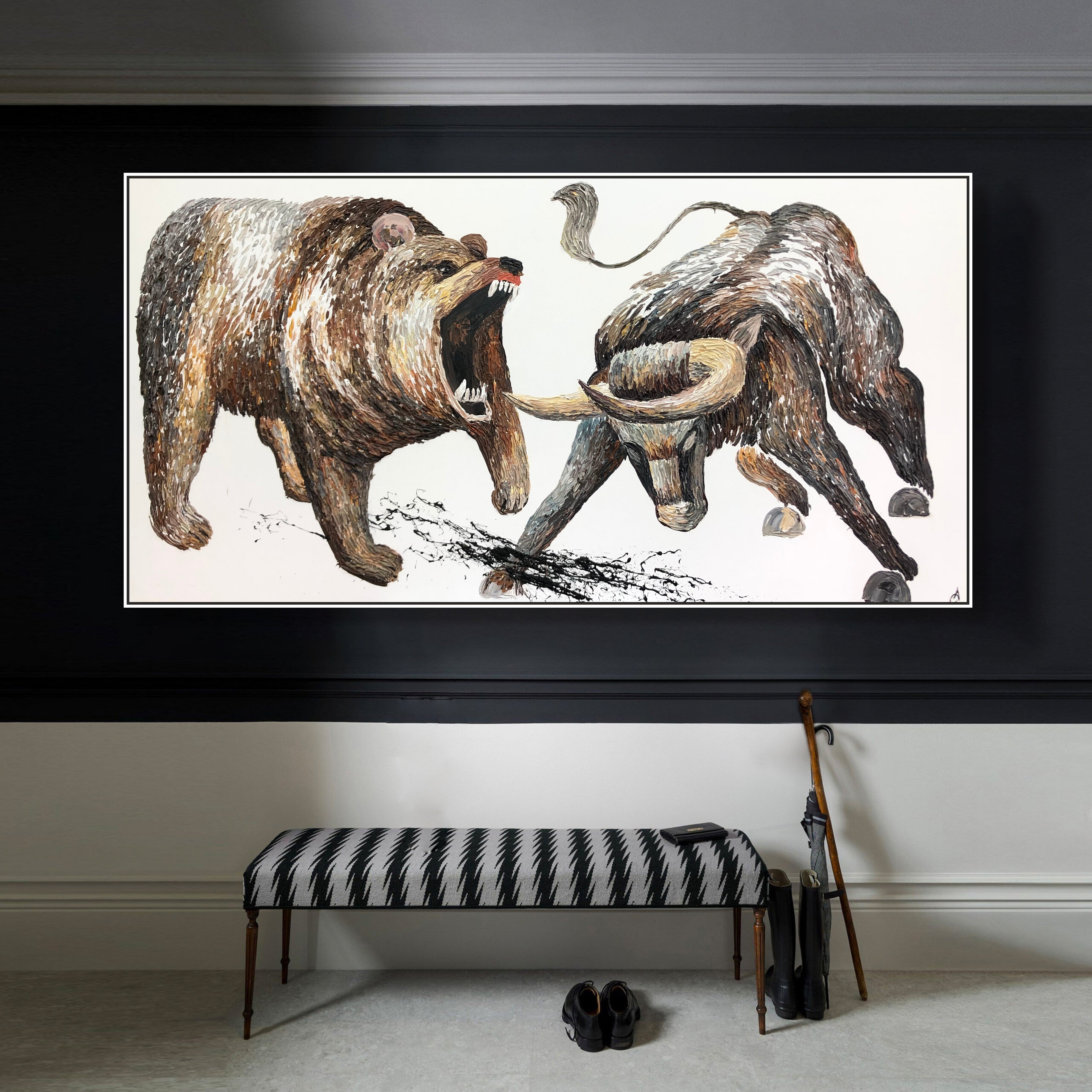 a painting of two bears fighting each other