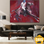 Original Horse Polo Oil Painting Horseback Riding Artwork Red Wall Art for Living Room | POLO PLAYER 35.5"x47.2"