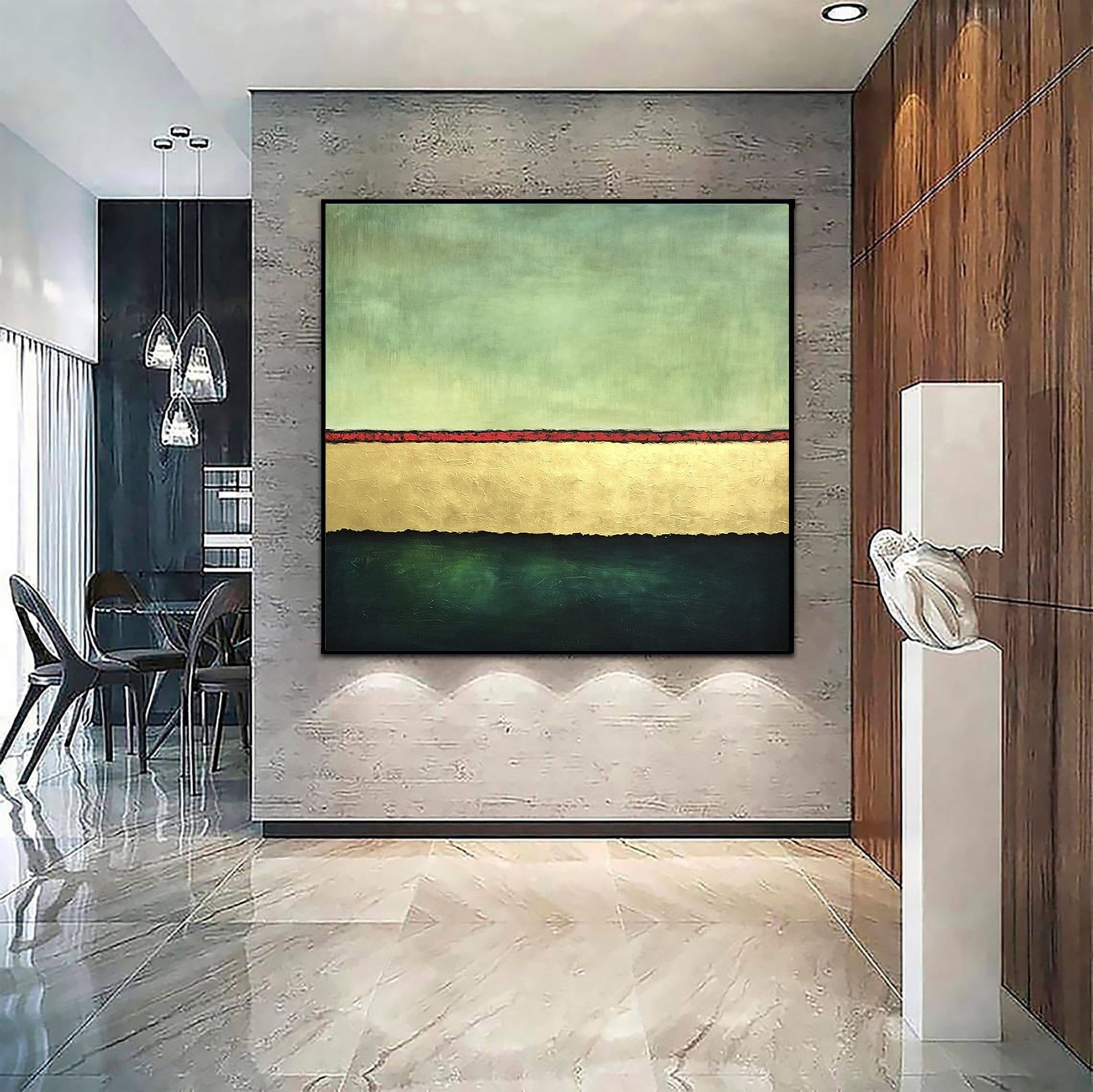 Green Abstract Modern Paintings On Canvas Gold Simple Minimal Wall Art Original Oil Fine Art for Hotel Interior | LAYERS OF FORTUNE - Trend Gallery Art | Original Abstract Paintings