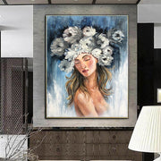 Flower Head Painting Figurative Wall Art Abstract Portrait Painting Girl with Flowers Art Blue Artwork Sexy Woman in Bloom Painting | GIRL IN BLOOM - Trend Gallery Art | Original Abstract Paintings