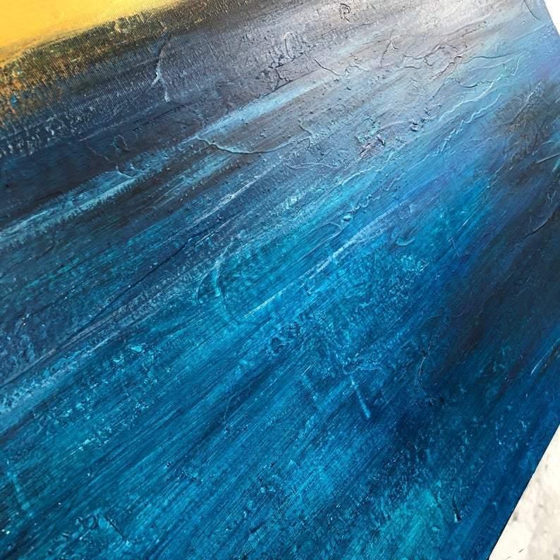 Sunset Painting Abstract Blue Ocean Wall Art Gold Horizon Fine Art Large Ocean Thick Paint Unique | SUMMER SUNSET - Trend Gallery Art | Original Abstract Paintings