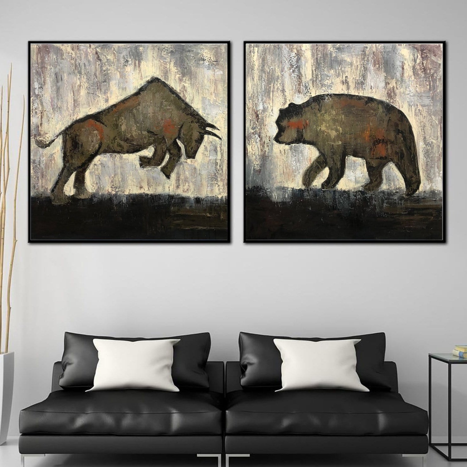 Original Set of 2 Paintings Bull and Bear Painting on Canvas Abstract Bull and Bear Painting Minimalist Artwork Decor | BULL vs BEAR - Trend Gallery Art | Original Abstract Paintings