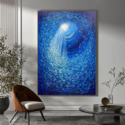 Abstract Fish Painting On Canvas Original Marine Artwork Blue Textured Wall Art for Office Decor | FISH WHIRLPOOL - Trend Gallery Art | Original Abstract Paintings