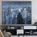Abstract Blue Paintings On Canvas Original City Painting Support Ukraine Oil Handmade Painting | WHAT THE NIGHT HIDES