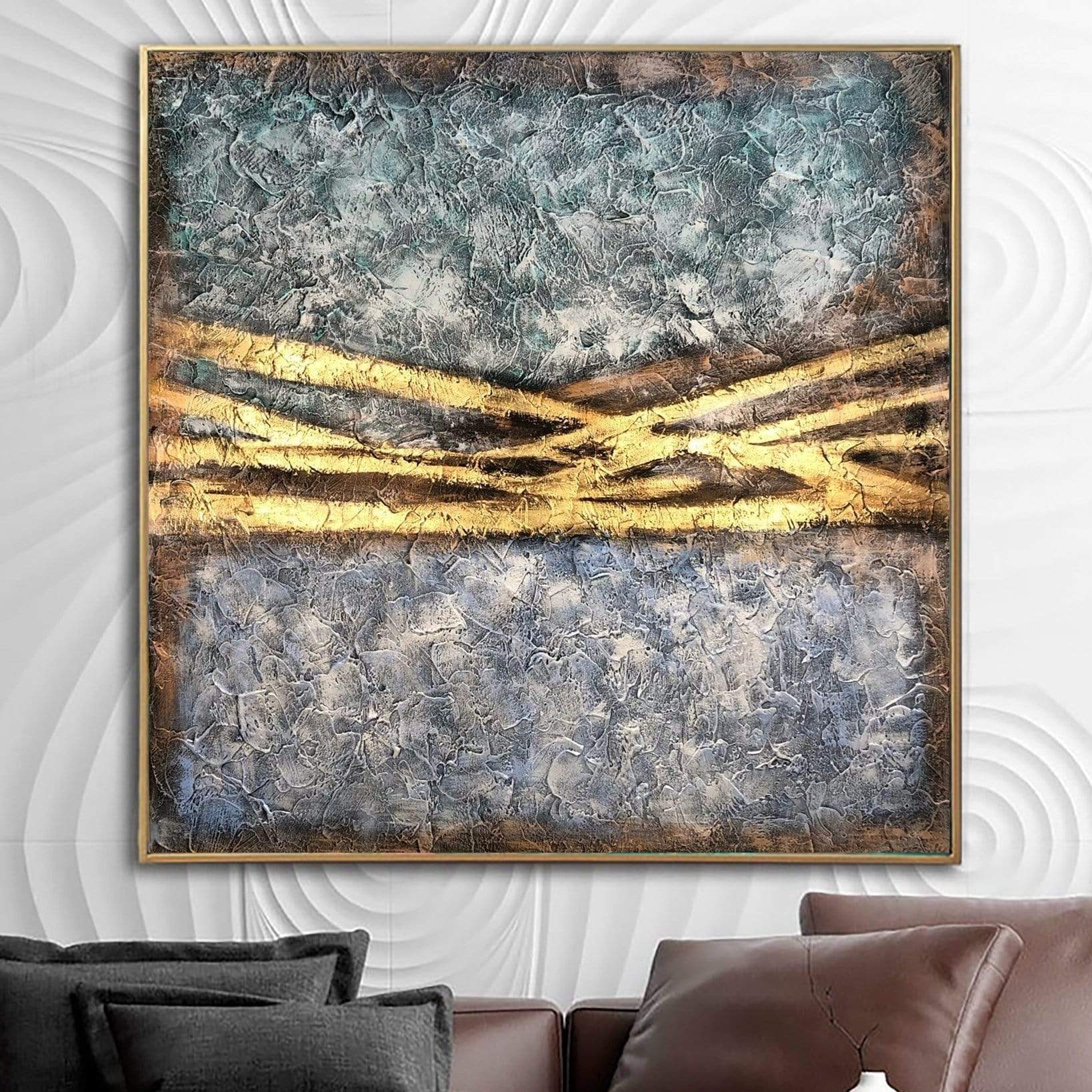 Original Colorful Abstract Paintings On Canvas Gold Leaf Wall Art Blue Painting Hand Painted Artwork Luxury Painting for Hotel Decor | RAYS 46"x46" - Trend Gallery Art | Original Abstract Paintings