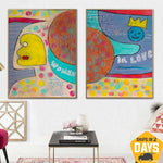 Set of Two Paintings On Canva Woman in Love Wall Art Handmade Textured Colorful Painting Gift Child Nursery Room Decor | WOMAN IN LOVE 2P 31.49"x47.24"