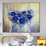 Original Abstract Heart Flower Painting Romantic Wall Art Blue Painting Very Peri Heart Flowers Abstract Painting On Canvas | FLOWER HEART 40.2"x50"