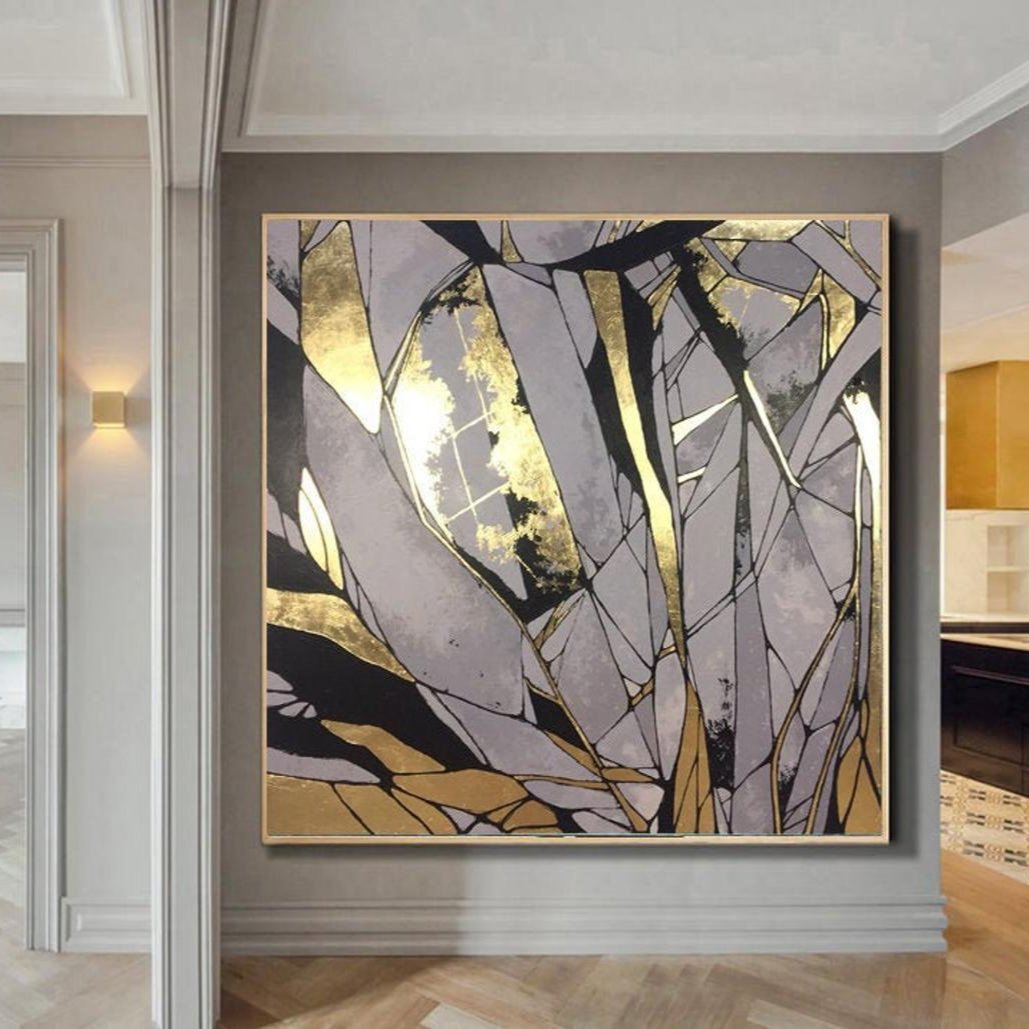 Original Large Gold Leaf Painting Gray Painting Texture Art Abstract Acrylic Painting On Canvas | STONE BLOOM - Trend Gallery Art | Original Abstract Paintings