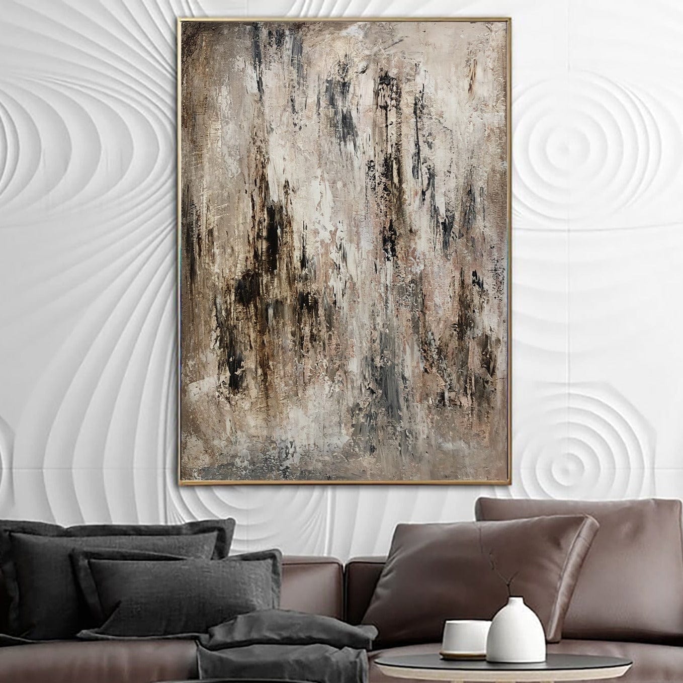 Abstract Beige Painting on Canvas Original Black Wall Art Heavy Textured Artwork Modern Oil Painting Contemporary Wall Art for Living Room | STEREO FALL - Trend Gallery Art | Original Abstract Paintings