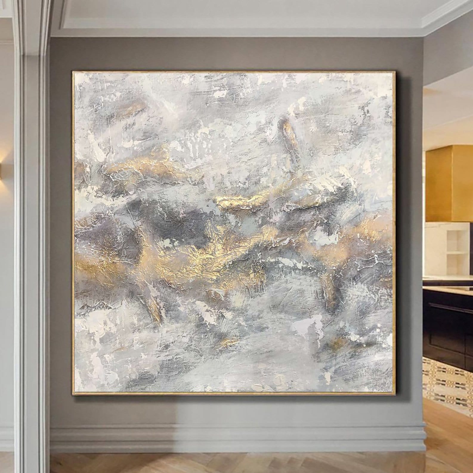 Extra Large Abstract Art Original Painting Gray Oil Painting Abstract Modern Canvas Gold Leaf Abstract Painting Wall Art | GOLDEN FOG - Trend Gallery Art | Original Abstract Paintings