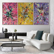 Colorful Set Of 3 Original Violet Artwork Pink and Yellow Paintings on Canvas for Room Decor | TRIPLE SPLASH - Trend Gallery Art | Original Abstract Paintings