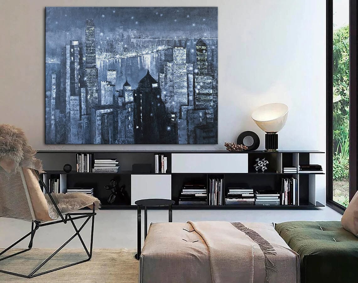 Abstract Blue Paintings On Canvas Original City Painting Support Ukraine Oil Handmade Painting | WHAT THE NIGHT HIDES 31.5"x47" - Trend Gallery Art | Original Abstract Paintings