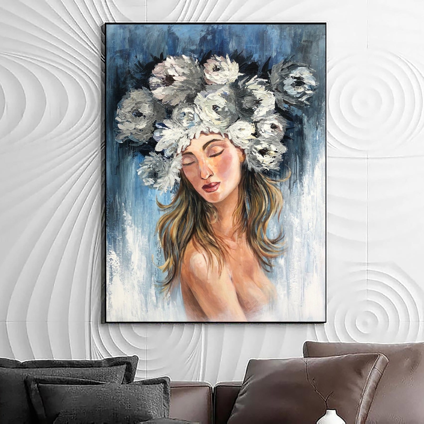 Flower Head Painting Figurative Wall Art Abstract Portrait Painting Girl with Flowers Art Blue Artwork Sexy Woman in Bloom Painting | GIRL IN BLOOM - Trend Gallery Art | Original Abstract Paintings