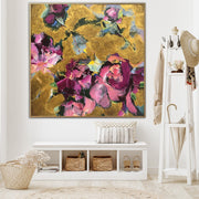 Large Flowers Paintings On Canvas Colorful Abstract Floral Art In Pink And Gold Colors Textured Handmade Painting Modern Art | FLOWER COLLAGE - Trend Gallery Art | Original Abstract Paintings