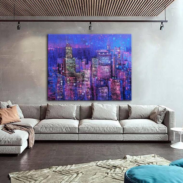 Abstract Purple Paintings On Canvas City Fine Art Original Handmade Painting Support Ukraine Artist | SKYSCRAPERS - Trend Gallery Art | Original Abstract Paintings