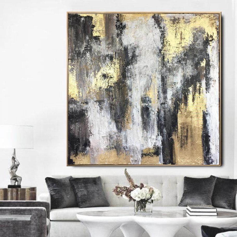 Black And White Painting Gold Leaf Modern Painting Oversized Abstract Painting On Canvas | ENERGY FLOWS - Trend Gallery Art | Original Abstract Paintings