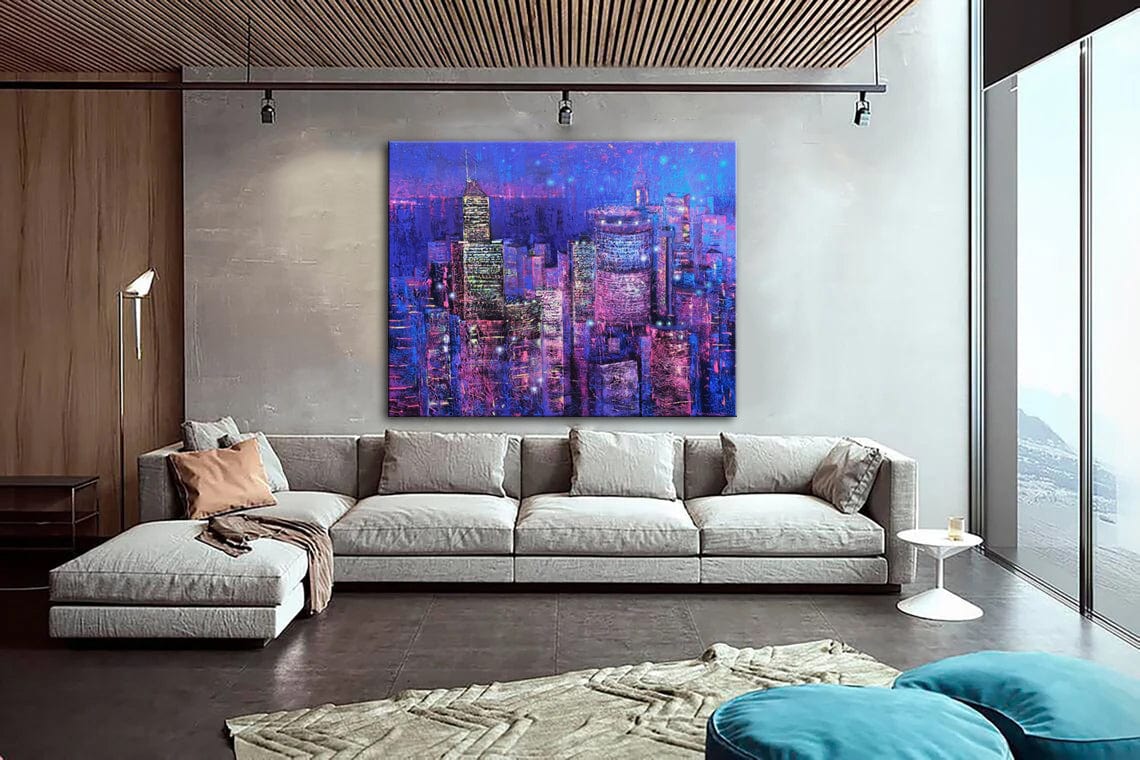 Abstract Purple Paintings On Canvas City Fine Art Original Handmade Painting Support Ukraine Artist | SKYSCRAPERS 35"x43" - Trend Gallery Art | Original Abstract Paintings