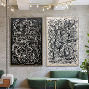 Pollock Style Painting on Canvas Black and White Wall Art Personalized Artwork Diptych Painting Heavy Textured Art Wall Decor | WAKING UP IN A MAZE - Trend Gallery Art | Original Abstract Paintings
