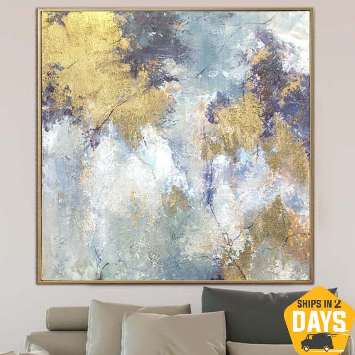 Extra Large Gold Painting on Canvas Large Mountains Wall Art Autumn Artwork Modern Oil Painting Bedroom Wall Decor | GOLDEN AUTUMN 27.55"x27.55" - Trend Gallery Art | Original Abstract Paintings