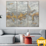 Extra Large White Paintings On Canvas Triptych Paintings Modern Gold Leaf Art Original Textured Painting | GOLDEN FOG 3P 80"x96"