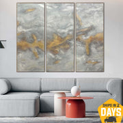 Extra Large White Paintings On Canvas Triptych Paintings Modern Gold Leaf Art Original Textured Painting | GOLDEN FOG 3P 80"x96"