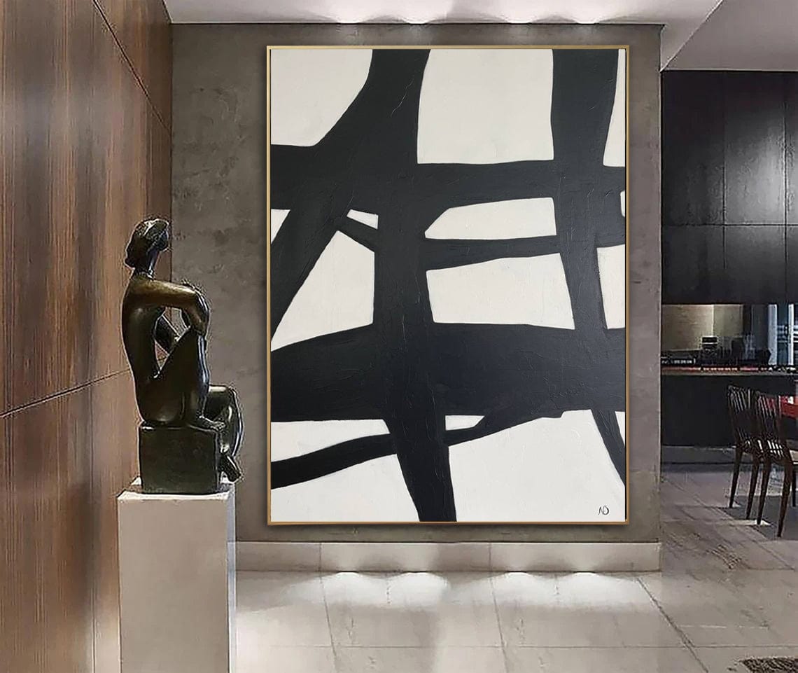 Large Original Abstract Black And White Paintings On Canvas Modern Franz Kline style Textured Painting Hand Painted Art | TOWER TOP 40"x30" - Trend Gallery Art | Original Abstract Paintings