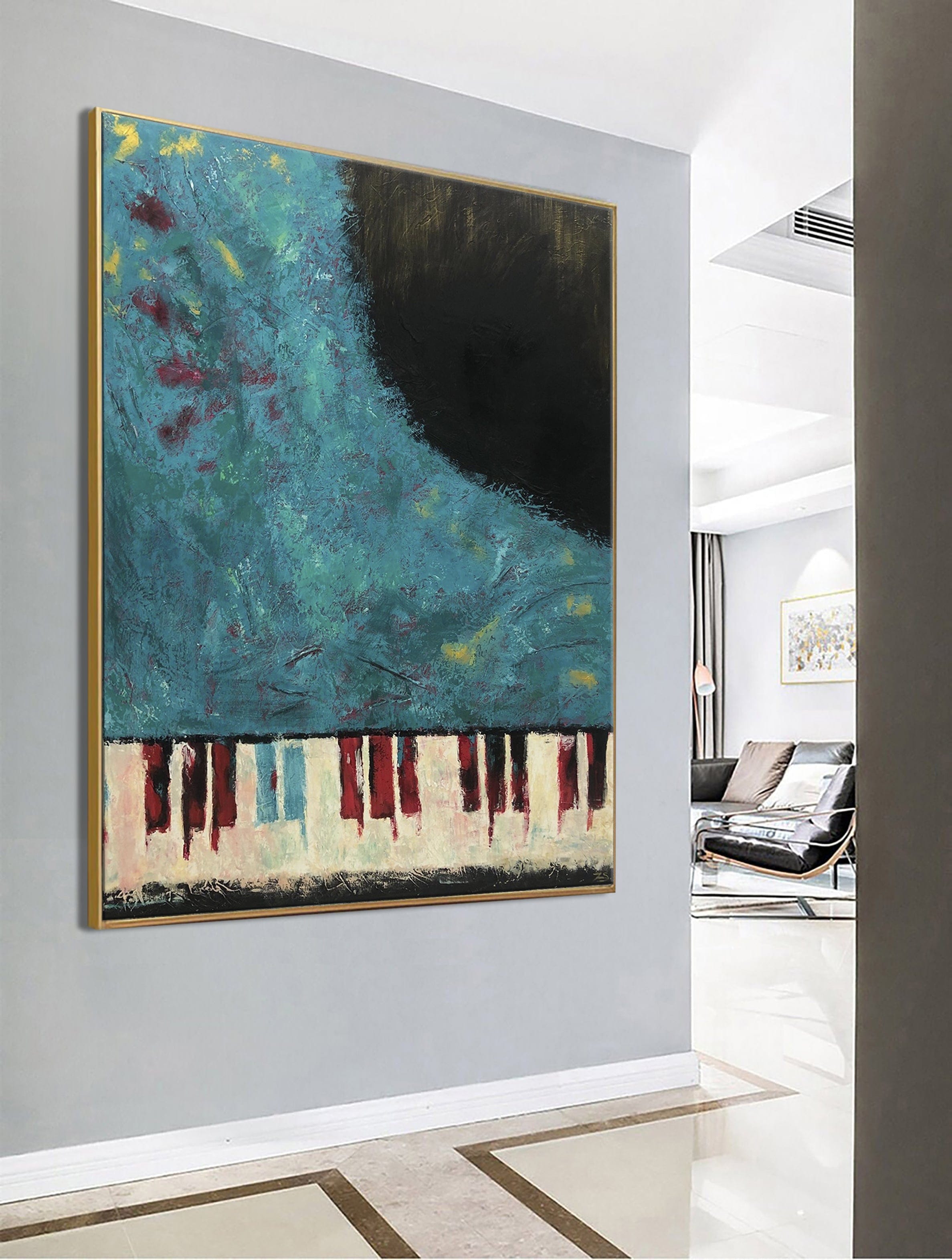 Large Abstract Piano Painting Contemporary Acrylic Oil Painting Modern Blue Fine Art Texture Painting Wall Decor | MIRACLE SOUNDS 60"x46" - Trend Gallery Art | Original Abstract Paintings