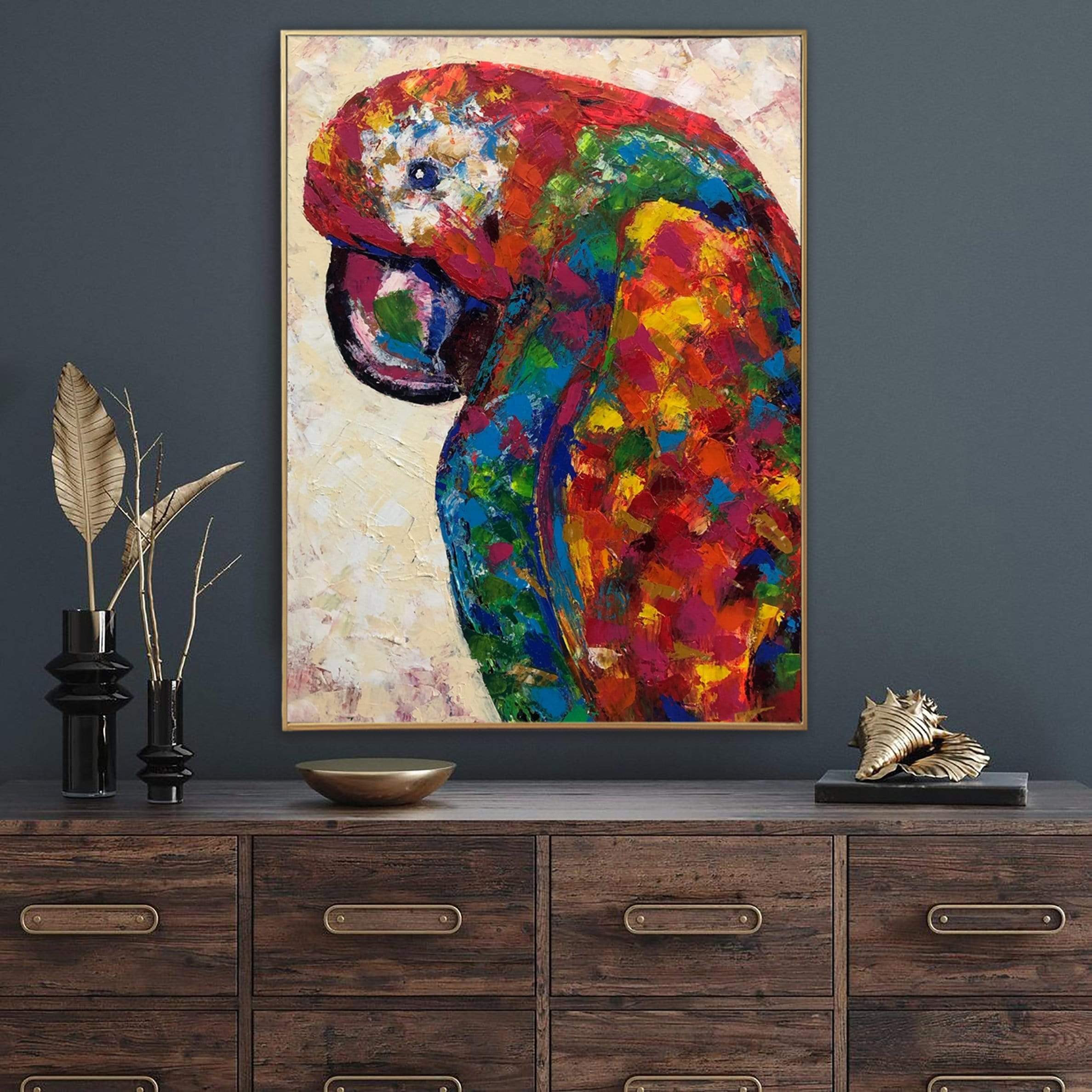 Large Parrot Painting on Canvas Vibrant Wall Art Tropical Artwork Animal Art Original Bird Wall Art Contemporary Art Aesthetic Decor | RED PARROT 40"x30" - Trend Gallery Art | Original Abstract Paintings