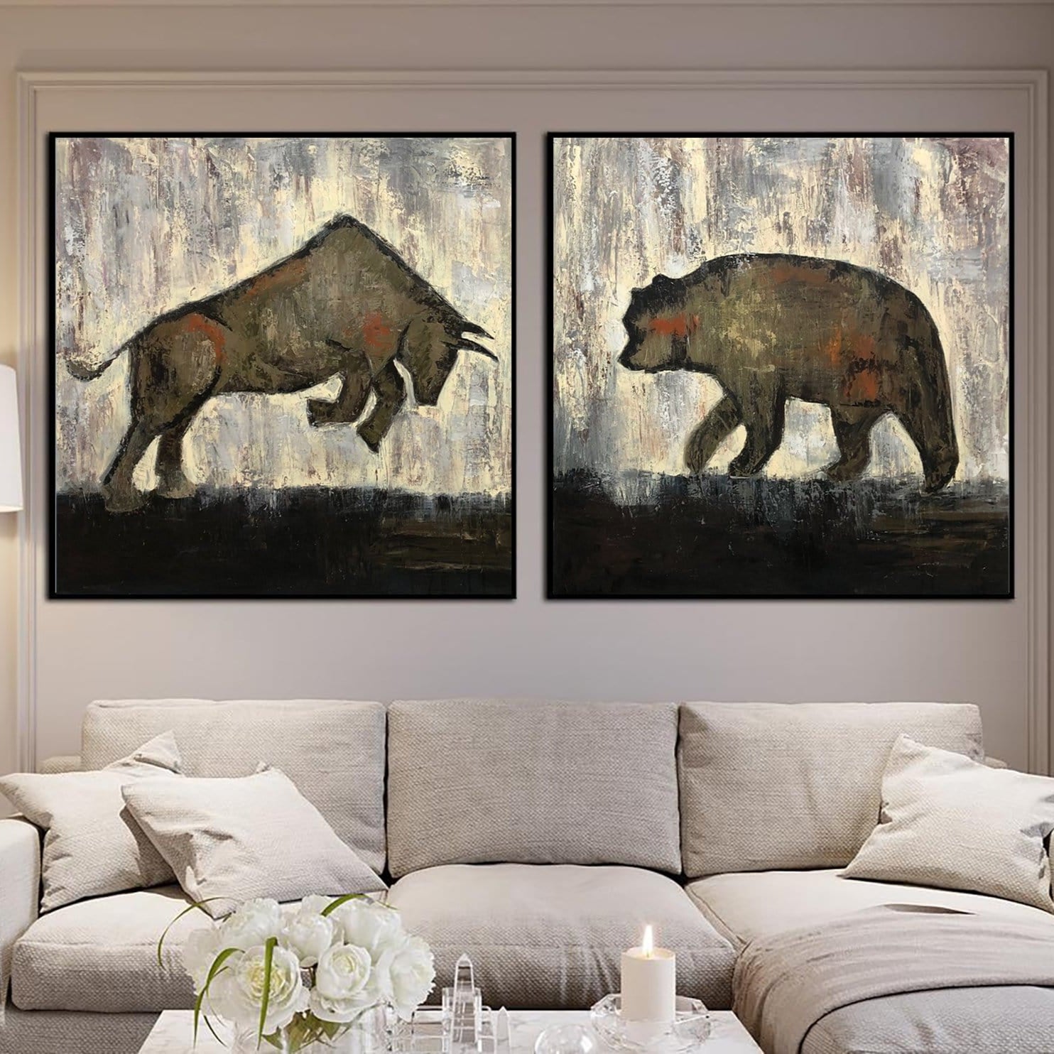 Original Set of 2 Paintings Bull and Bear Painting on Canvas Abstract Bull and Bear Painting Minimalist Artwork Decor | BULL vs BEAR - Trend Gallery Art | Original Abstract Paintings