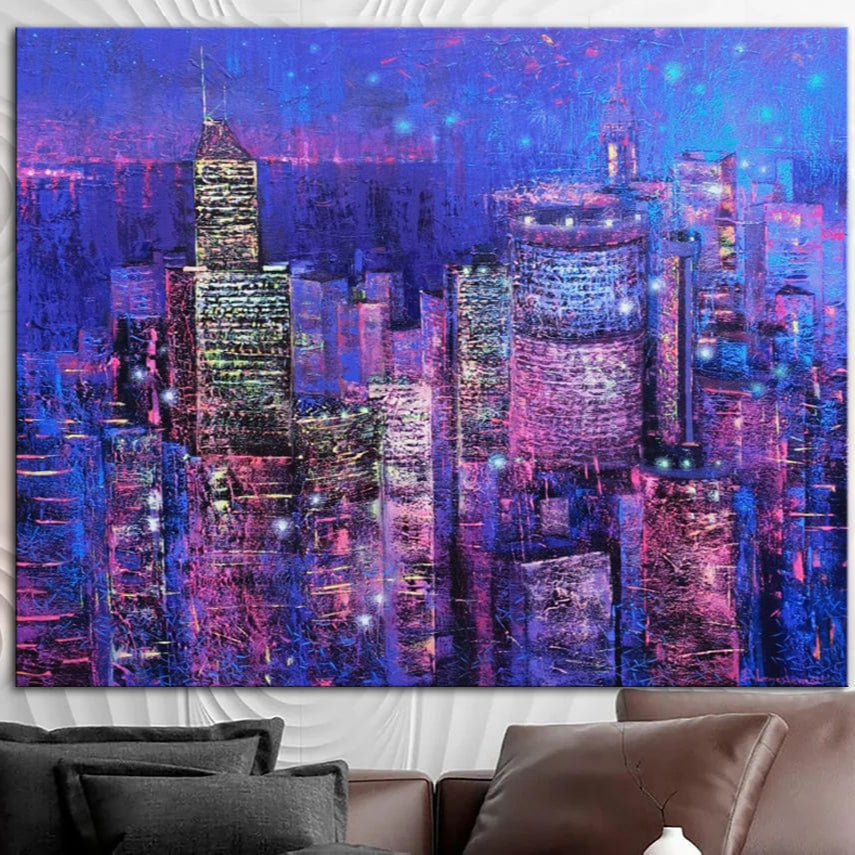 Abstract Purple Paintings On Canvas City Fine Art Original Handmade Painting Support Ukraine Artist | SKYSCRAPERS - Trend Gallery Art | Original Abstract Paintings