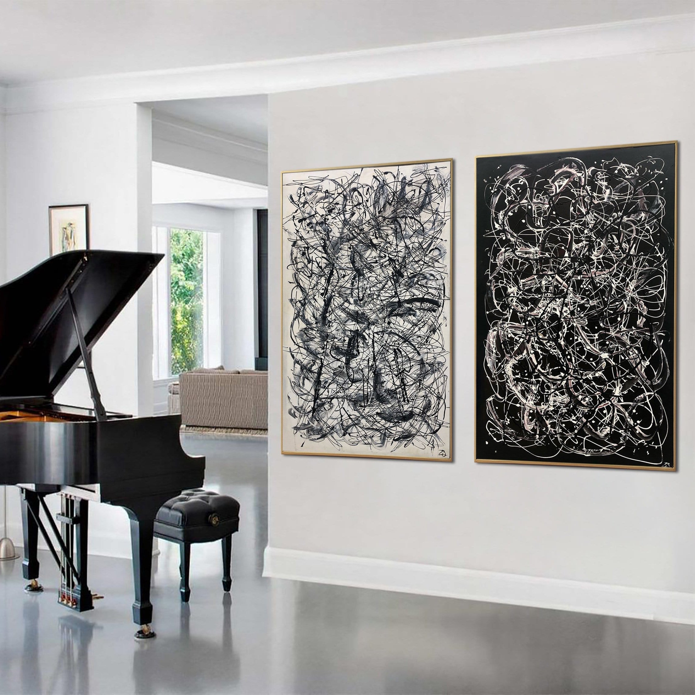 Pollock Style Painting on Canvas Black and White Wall Art Personalized Artwork Diptych Painting Heavy Textured Art Wall Decor | WAKING UP IN A MAZE - Trend Gallery Art | Original Abstract Paintings