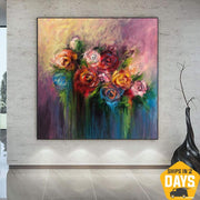 Flowers Abstract Art Still Life Oil Paintings On Canvas Floral Vivid Art Impressionism Paintings Roses Bouquet Painting | BLOOMING ROSES 46"x46"